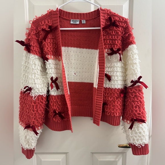 Mighty Fine Sweaters - Mighty Fine Open front cropped cardigan 
Striped Cardigan with Scarlet Bows, M